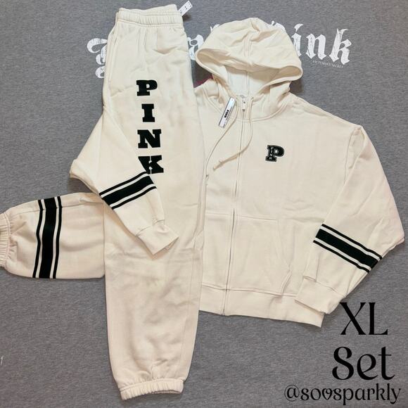 VS PINK White Shell & Forest Green Matching Full Zip Fleece Hoodie & Sweatpants - Picture 1 of 9